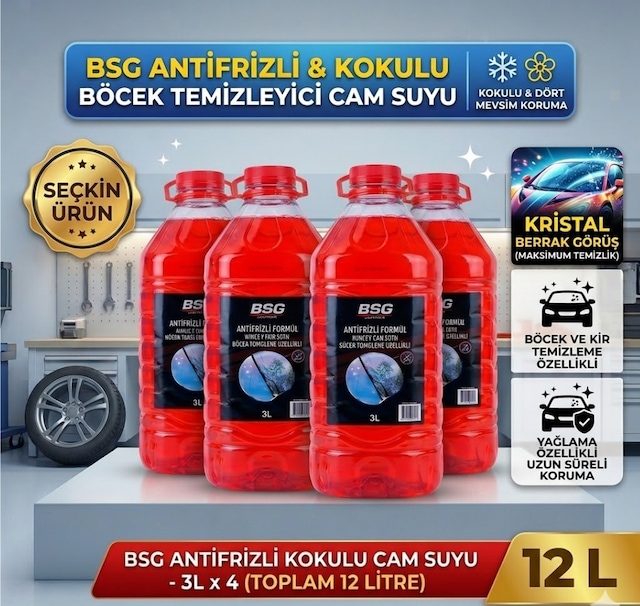 Antifrizli Kokulu Cam Suyu 3 Lt X 4 Adet - Toplam 12 Litre - Böcek Temizleme Etkili Dört Mevsim