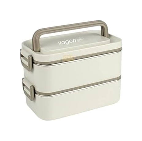 Vagonlife Bento 2000ml Lunchbox 2 Katlı 3 Bölmeli Mini Kaseli Çelik Sefer Tası Yemek Kutusu Beyaz