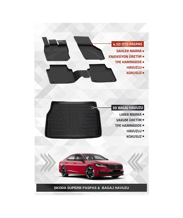 Sahler Skoda Superb 2024+ Uyumlu 4.5d Premium Havuzlu Oto Paspas Ve Liner Marka 3d Bagaj Havuzu