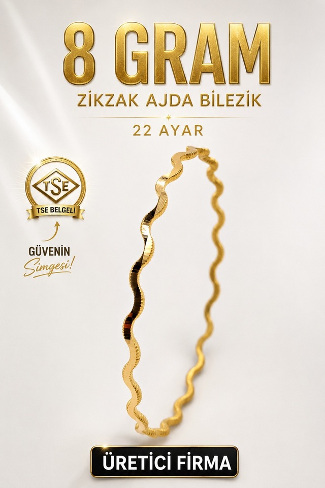 22 Ayar Tse Belgeli 8 Gram Zikzak Ajda Altın İşçiliksiz Bilezik Gold Nişan Düğün