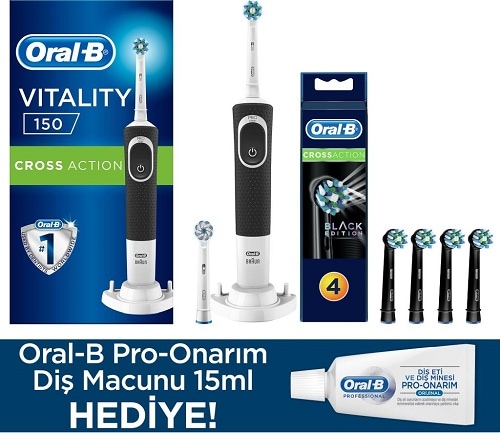 Oral-B Vitality D150 Cross Action Sarjlı Diş Fırçası + Sross Action Siyah Yedek Başlık 4'lü + Diş Macunu 15 ML