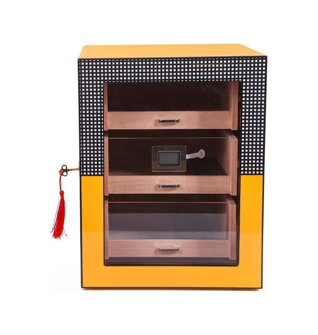 Cohiba Sarı Cohiba Desenli 4 Çekmeceli Sedir Humidor Puro Kutusu