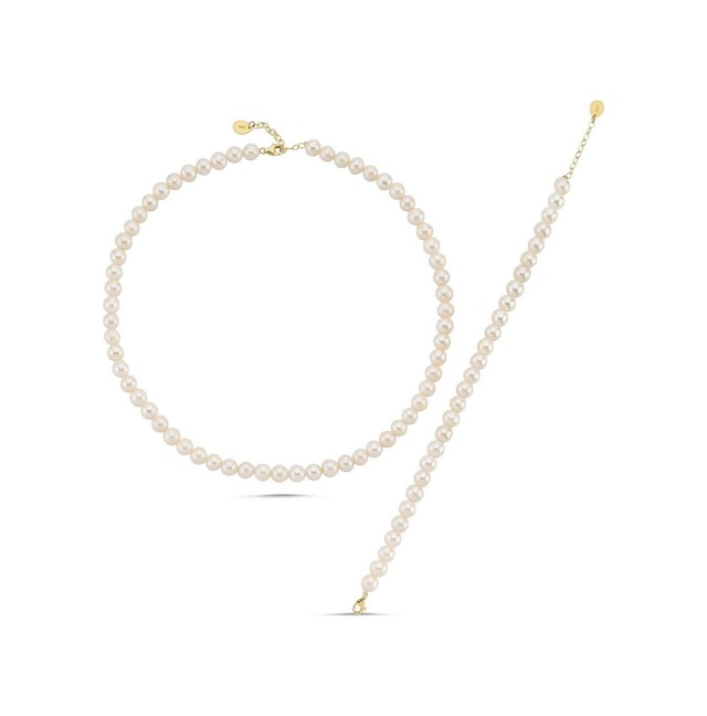 7,5 Mm Sıralı Doğal İnci Kolye Bileklik İkili Set 40 Cm