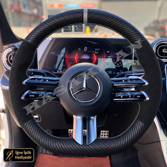 Mercedes Gla H247 Dikme Direksiyon Kılıfı Alcantara Süet Mat Karbon Gri Yüzük Ve Dikiş Lcı 3 Kollu-yuvarlak-amg Line 2023-2026
