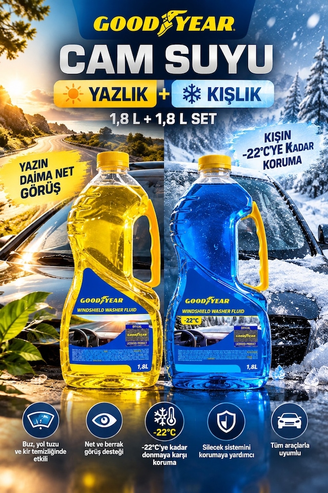 Goodyear Goodyear Yazlık Ve Kışlık Cam Suyu 2'li Set Antifrizli Oto Cam Temizleme Sıvısı 2 X 1,8 Litre