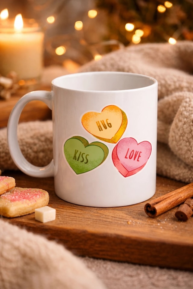 Hug Kiss Love Model 10 Porselen Kupa Cıvıl Cıvıl Kalpli Tasarım, Sevgiliye & Hediye Kupası