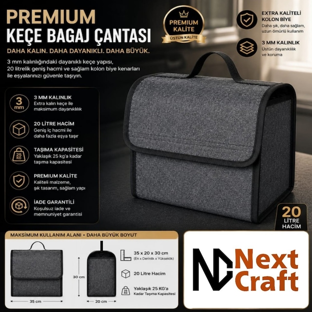Araba Bagaj Çantası Oto Aksesuar Düzenleyici Organizer 35x30x25 Cm Antrasit/gri Renk 1 Adet