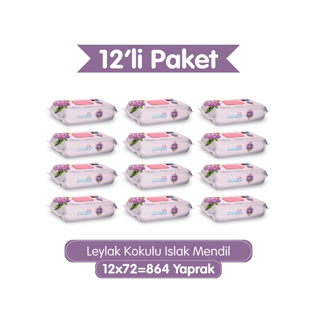 Leylak Kokulu Islak Mendil 864 Yaprak (12x72) Koli- Yumuşak Dokulu