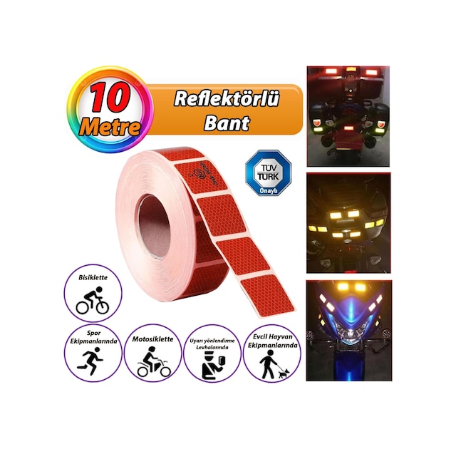 10 Mt Reflektörlü Reflektif Fosforlu Araç Oto Kamyon Şerit Bant Tüvtürk Onaylı Kesikli Kırmızı İkaz Bandı
