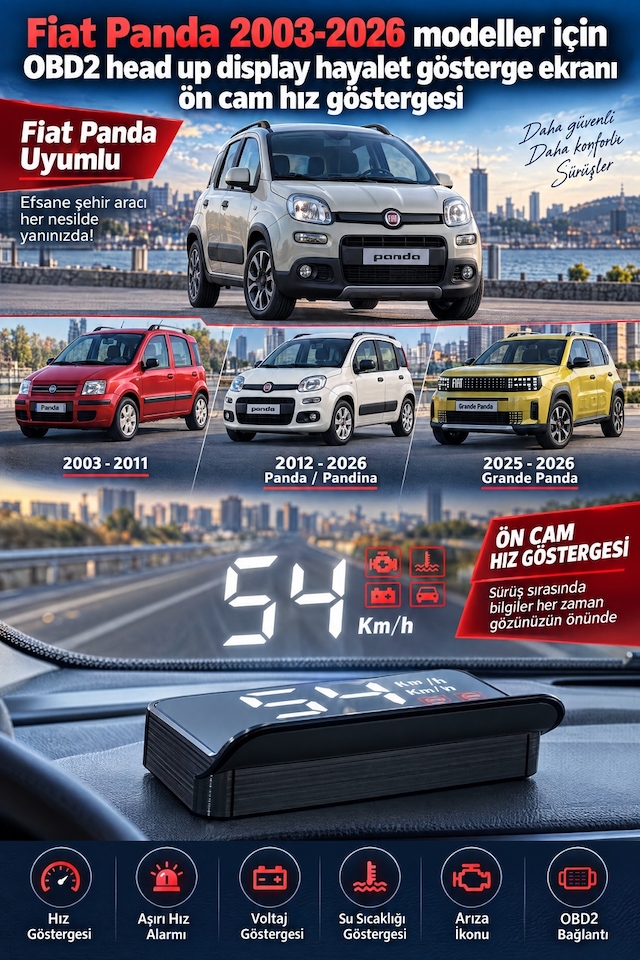 Fiat Panda 2003-2026 Modeller İçin Obd2 Head Up Display Hayalet Gösterge Ekranı Ön Cam Hız Göstergesi