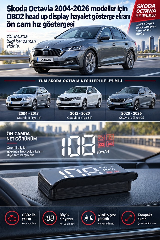 Skoda Octavia 2004-2026 Modeller İçin Obd2 Head Up Display Hayalet Gösterge Ekranı Ön Cam Hız Göstergesi