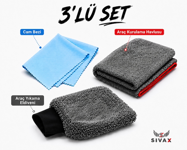 3 Lü Mikrofiber Oto Yıkama Seti Oto Kurulama Bezi Oto Yıkama Eldiveni Oto Cam Bezi