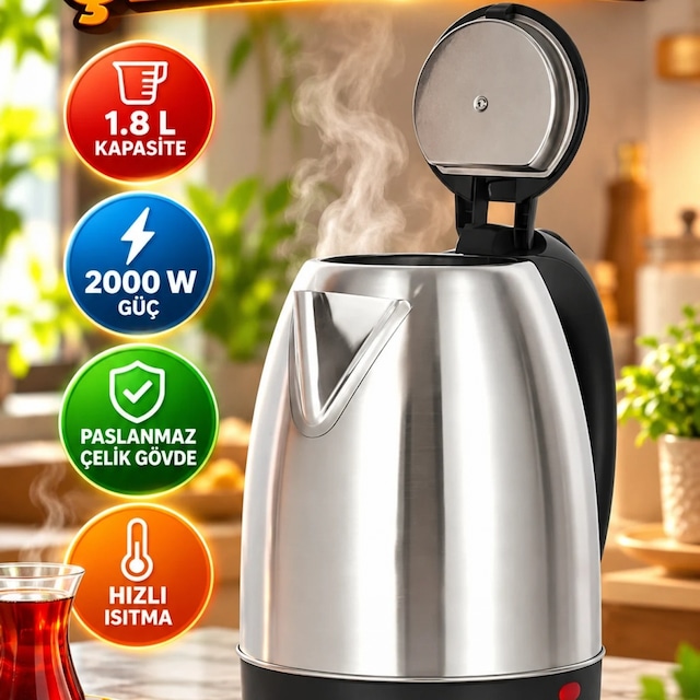 Paslanmaz Çelik Kettle 1.8 L 2000 W Su Isıtıcı Inox