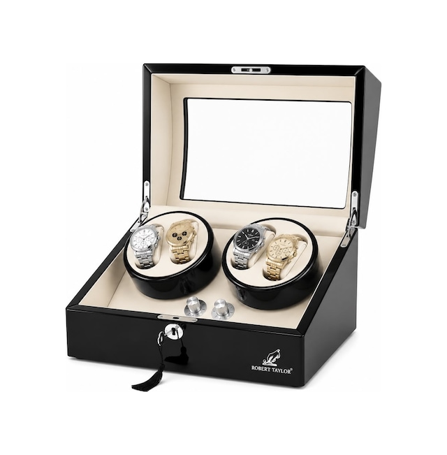 Watch Winder Brooklands Collection 4 Slotlu Ultra Sessiz Otomatik Saat Kurma Kutusu +6 Muhafaza Alanlı, Piano Ebony & Alcantara Kahve Krem