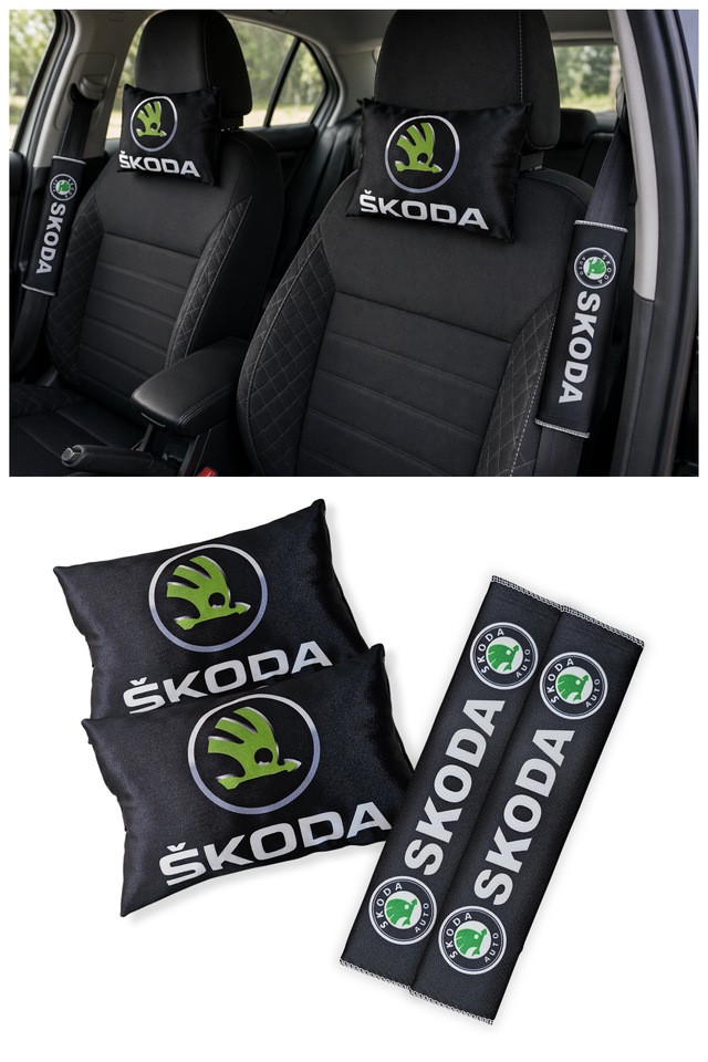 Skoda Araçlar İçin Seyahat Boyun Yastığı & Emniyet Kemer Kılıfı - Dijital Baskılı İkili Konfor Seti Siyah