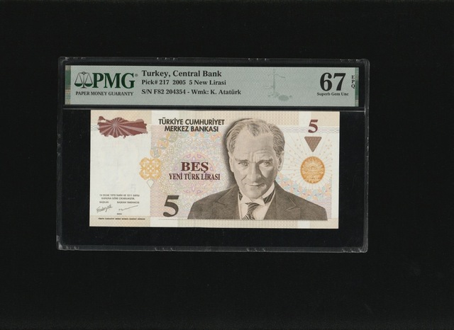 Beş Yeni Türk Lirası 5 Ytl P217 2005 Pmg 67 Epq Superb Gem Unc S/n F82 204354 8.ems 1.t