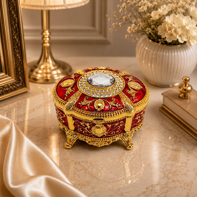 Kristal Taşlı Oval Mücevher Kutusu Kadife İç Kaplamalı Gold İşlemeli Takı Kutusu Dekoratif Saklama Kutusu Kırmızı
