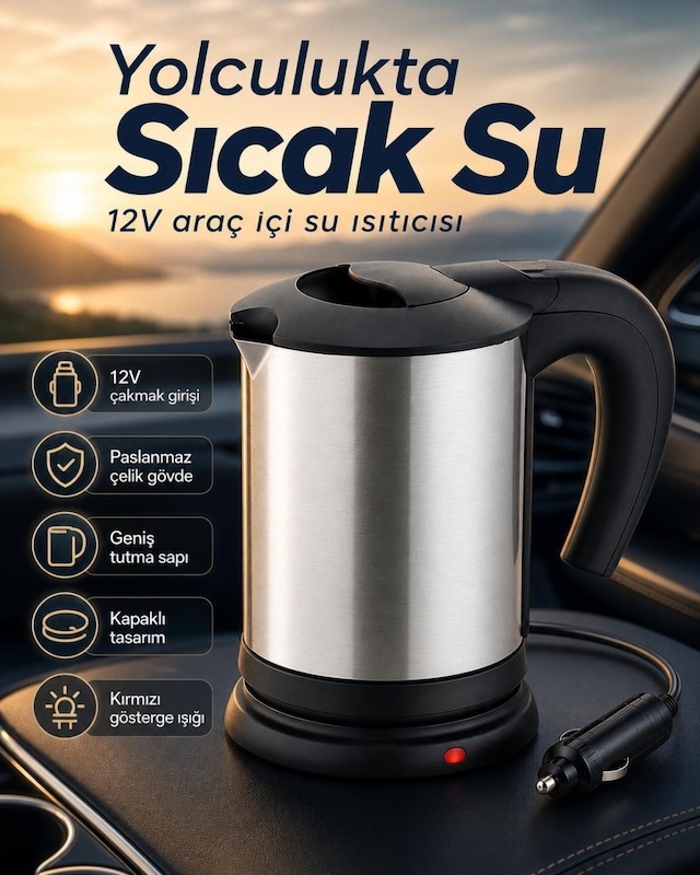 12v Araç Çakmak Girişli Taşınabilir Su Isıtıcı Paslanmaz Çelik