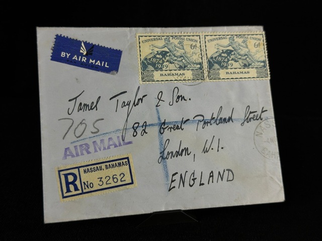 Uçak Postası Air Mail 1949 Yılından Bahama'lardan İngiltereye Postalanmış 2x 6d Pullu Taahhütlü Zarf