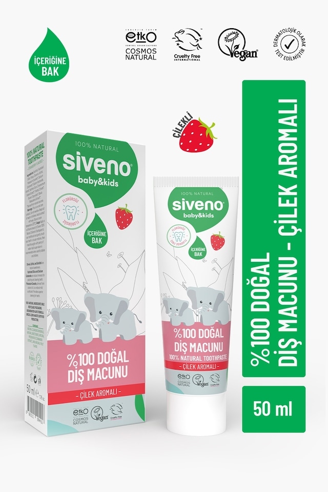 Siveno %100 Doğal Diş Macunu Bebek Ve Çocuk İçin Çilekli Aromalı Florürsüz 50 Ml