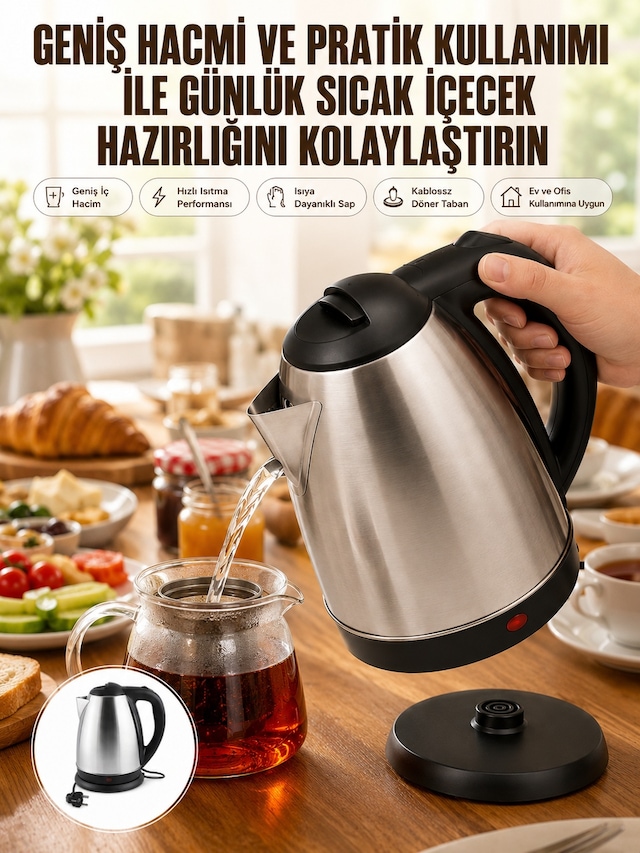 Kettle Su Isıtıcı C F Priz Uyumlu 220 - 240 V Paslanmaz Çelik Kablolu - Bayi Depom