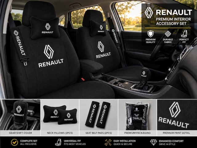 Renault Süper Set Dörtlü Servis Kılıfı + İkili Yastık Ve Kemer Kılıfı +vites Poları