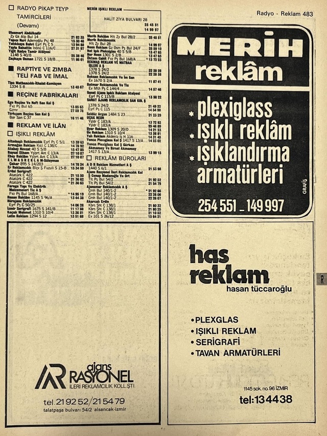 İzmir 1982-1983 Meslek Reklam İlanı Efemera S483 Teşhir Ürün