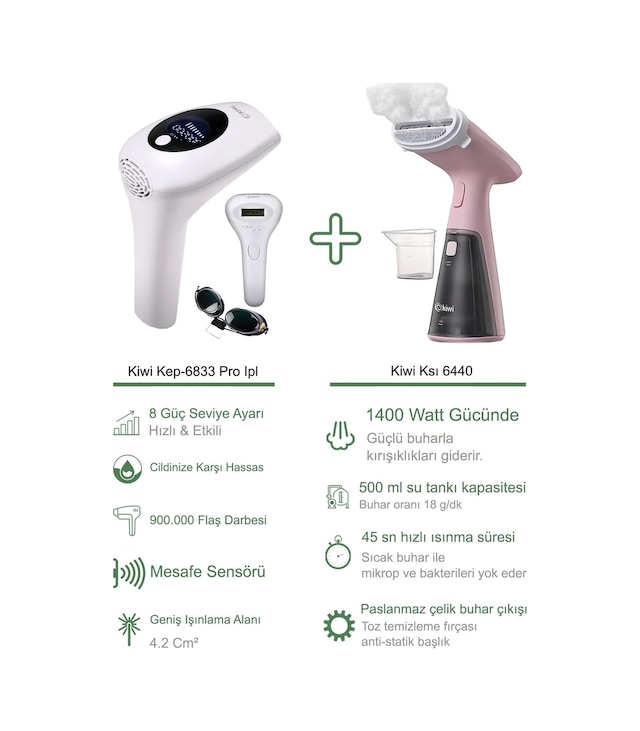 Kiwi Kep-6833 Pro Ipl Lazer Epilasyon + Kiwi Ksı 6440 Buharlı Dikey Ütü Pembe