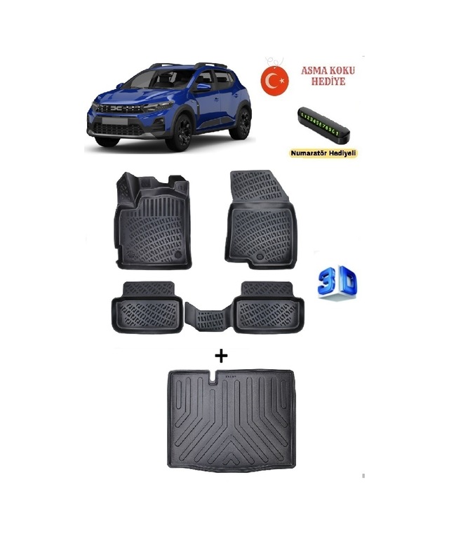 Dacia Sandero 2020 Sonrası Uyumlu 3d Havuzlu Paspas Ve 3d Alt Bagaj Sabit Zemin Bagaj Havuzu Seti Asma Koku Ve Numaratör