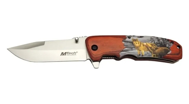 Mtech Y 12k Rengi Kamp Çakı 21,5cm - Yarı Otomatik, Kemerlikli, Kurt Baskılı Ahşap Sap
