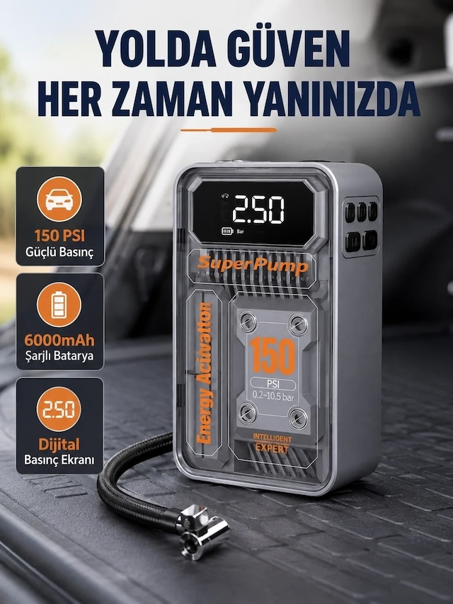 Ers Şarjlı Kablosuz Hava Pompası 150 Psı Basınç, Led Ekran Ve 6000mah Batarya