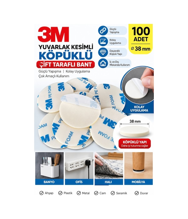 100 Adet 38 Mm Yuvarlak Köpüklü Çift Taraflı Bant Güçlü Yapışkanlı 38 MM x 5 M