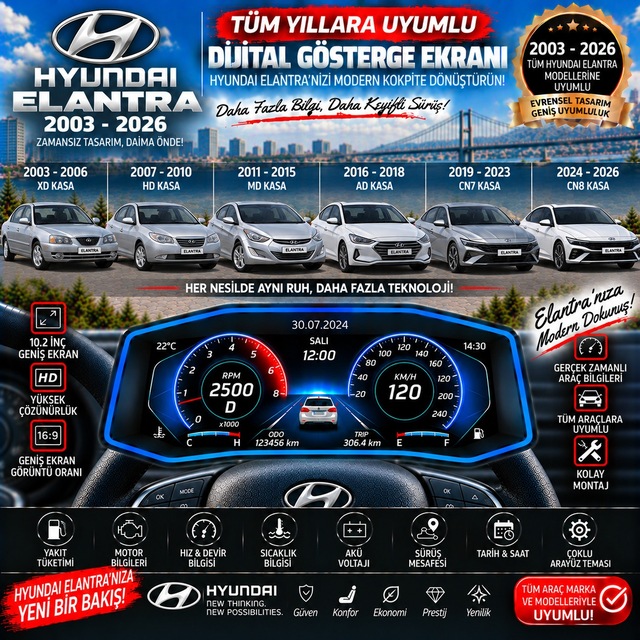 Hyundai Elantra 2003-2026 İçin Digital Gösterge Odb Ekran Arıza Göstergesi Turbo Gösterge Hayalet Ekran