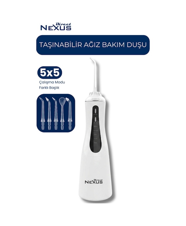 Şarjlı Taşınabilir Ağız Duşu 5 Başlıklı 5 Modlu Ipx7 350 Ml Beyaz