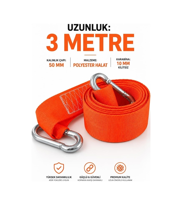 Çift Karabinalı 1 Adet Turuncu 3 Metre Dayanıklı Çekme Halatı 5 Cm Genişlikte Turuncu Çeki Halatı