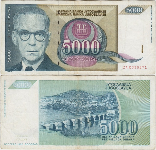 Yugoslavya 5000 Dinar 1992 Replacement Çok Temiz+