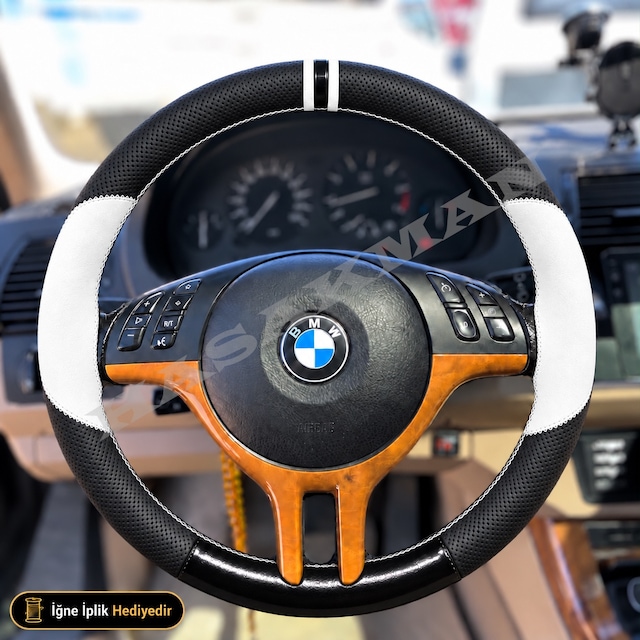 Bmw 7 Serisi E38 Dikme Direksiyon Kılıfı Delikli Deri Parlak Siyah Beyaz Detay Çift Yüzük Ve Dikiş 3 Kollu-yuvarlak-dairesel Tuş 1999-2001