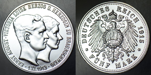 Replika Almanya-braunschweıg 5 Mark 1915 Çok Nadir Paranın 2013 Tarihli Kopyası. Gümüş Kaplama 33 Mm. Çil.