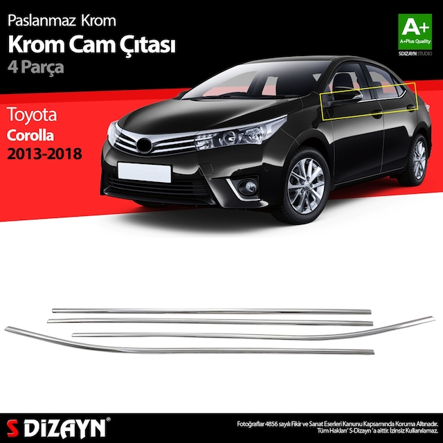 Toyota Corolla Uyumlu Krom Cam Çıtası 4 Parça 2013-2018 Paslanmaz Çelik