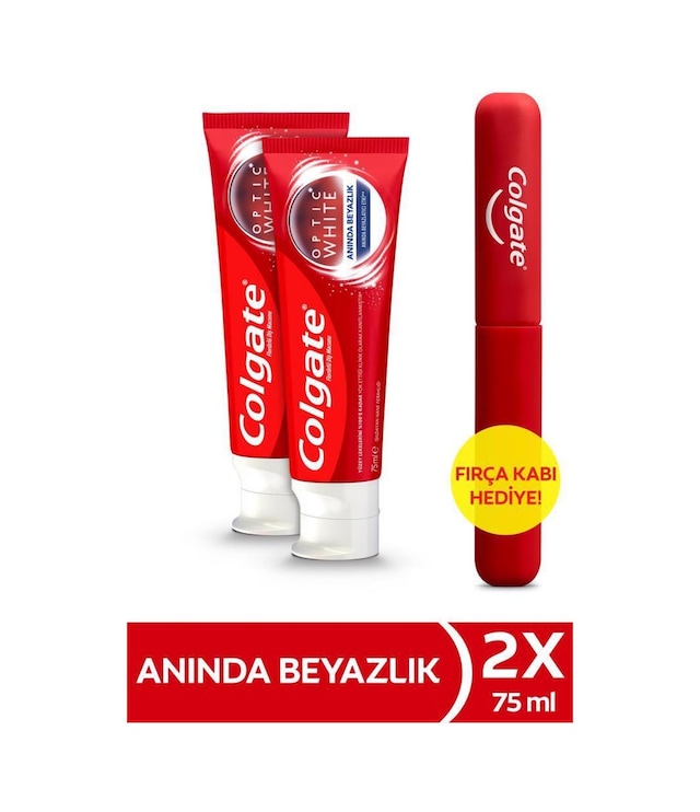Colgate Optic White Anında Beyazlık Diş Macunu 2 x 75 ML + Diş Fırçası Kabı