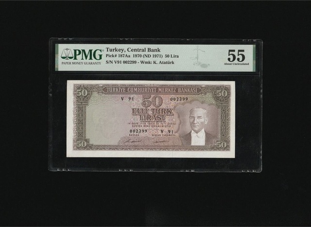 Pmg 55 Elli Türk Lirası 50 Tl 1970 Nd 1971 P 187aa S/n V91 002299 5. Ems 7. T Ça