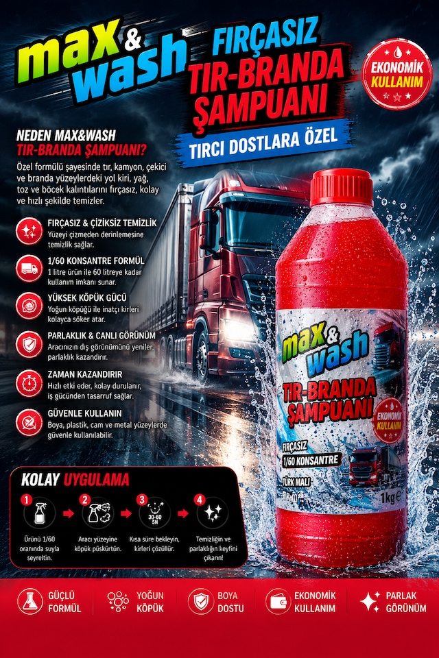 Max&wash 1 Kg Fırçasız Tır-branda Şampuanı 1/60 Konsantre Fırçasız Oto Yıkama Ve Branda Temizleyici