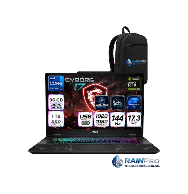 MSI Cyborg 17 B13WFKG-210XTRRNP30 i7-13620H 96 GB 1 TB SSD 8 GB RTX5060 17.3″ W11P Dizüstü Bilgisayar + Çanta