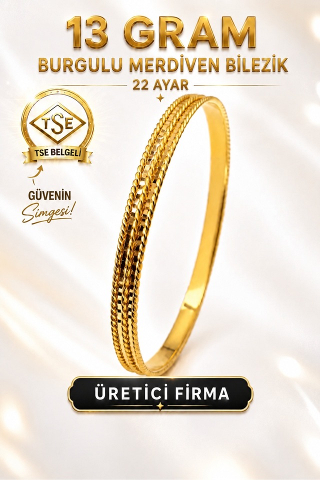 22 Ayar Tse Belgeli 13 Gram Burgulu Merdiven Ajda Altın Bilezik Gold Bilezik Düğün Nişan