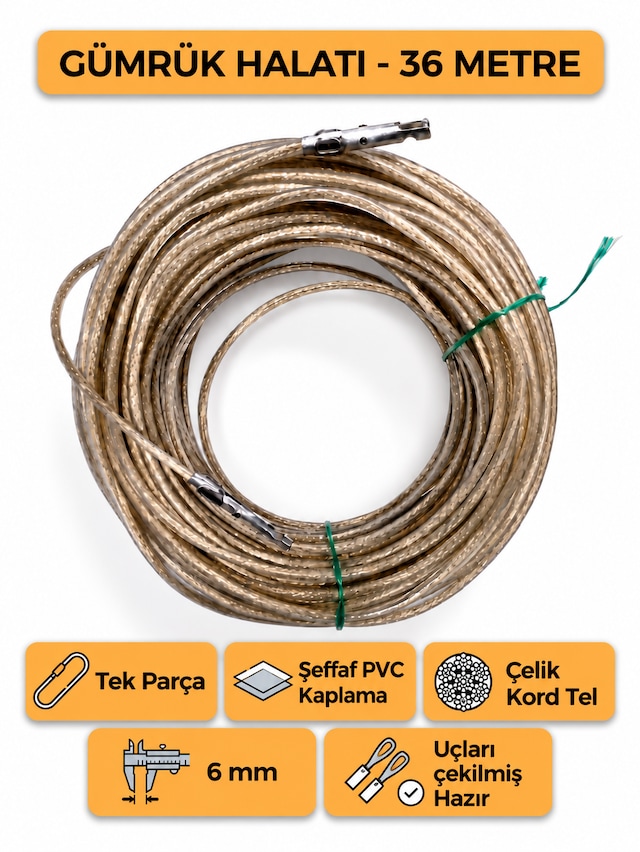 Tır Dorse Kamyon Konteyner Gümrük Halatı Galvanizli Çelik Tel 36 Metre 6mm