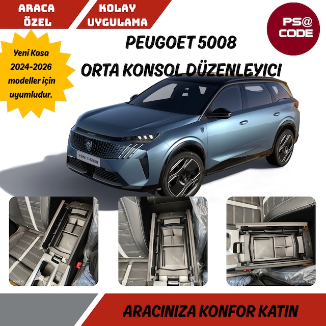 Yeni Kasa Peugeot 5008 2024 Ve Üzeri Orta Konsol Kolçak Saklama Kutusu, Kolçak Düzenleyici