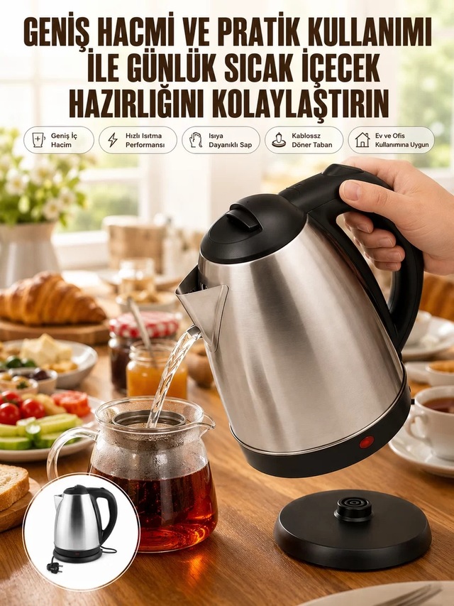 Kettle Su Isıtıcı C F Priz Uyumlu 220 - 240 V Paslanmaz Çelik Kablolu Mh-hs8882-5119