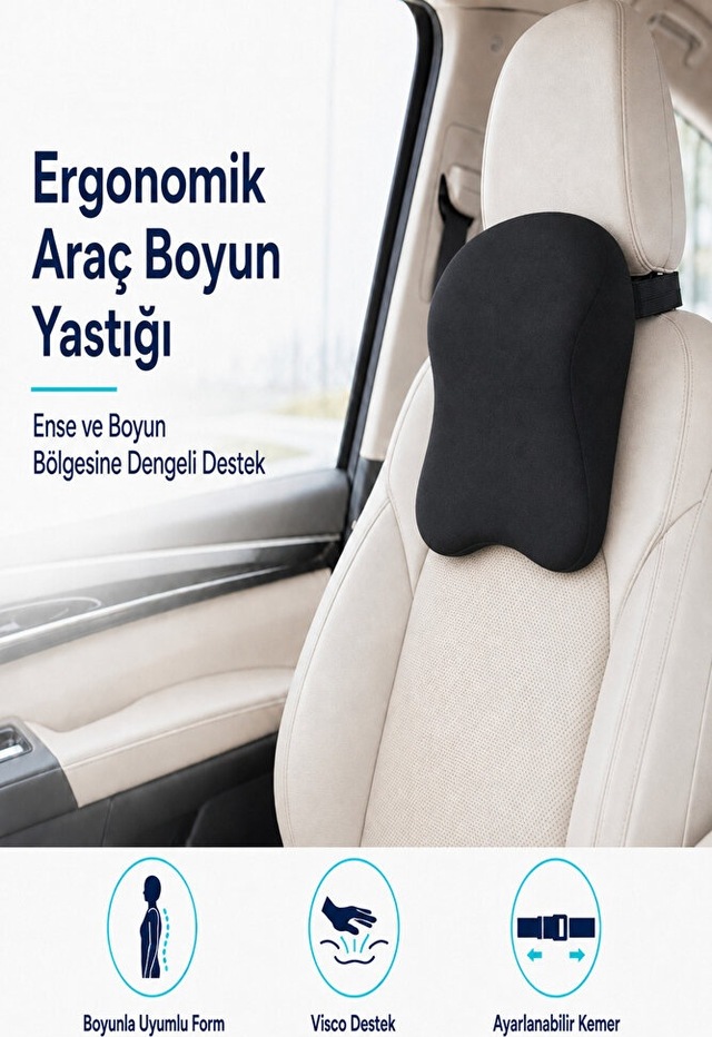 Araç Boyun Ve Ense Destek Yastığı Visco Dolgulu, Ayarlanabilir Kemerli
