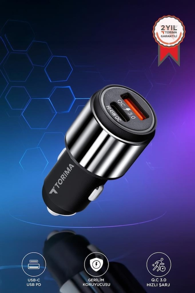 Torima C16 45w Silver Araç Şarj Cihazı Type-c Kablolu Hızlı Şarj Adaptörü