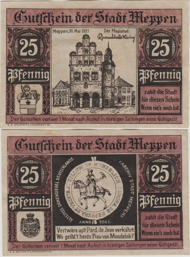 Almanya 25 Pfennig 1921 Notgeld-meppen Şehri. Çil.